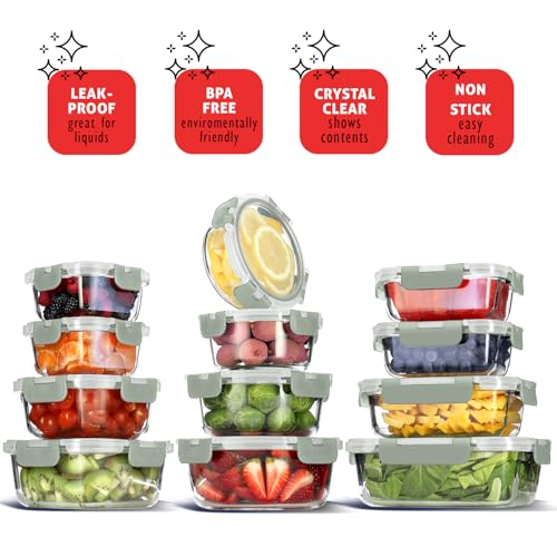 48pc Glass Storage Containers with Lids (Sage Green / 24 Pack)
