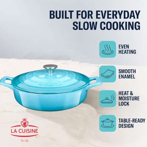 La Cuisine Enameled Cast Iron Braiser Sauté Pan Shallow Dutch Oven with Lid Internal Matt Black Enamel Coating 3.75 QT 11" (3.75 QT Braiser / Teal)
