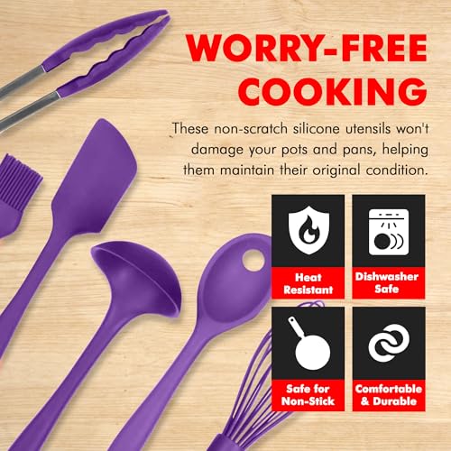 Premium Silicone Kitchen Tool and Utensil Set (9 Piece Set / Purple)