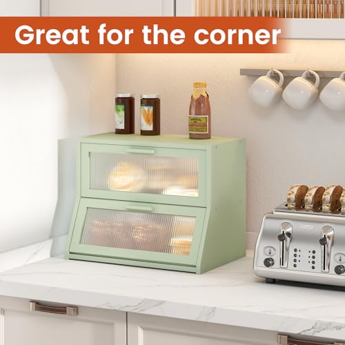 Double Layer Bamboo Bread Box for Kitchen Counter (Light Green / Medium)