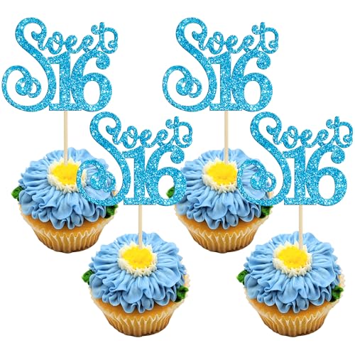 24Pcs Happy 16th Birthday Cupcake Toppers Glitter Hello 16 Sweet 16 Cupcake Picks 2006 Sixteen Old Birthday Cake Decorations for 16th Birthday Anniversary Party Supplies Black