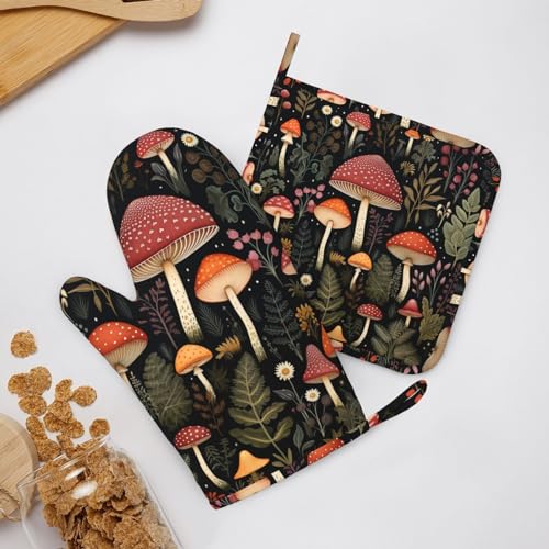Oven Mitts and Pot Holders Mushroom Botanical Leaf Vintage Silicone Kitchen Accessories Set of 4 Heat Resistant Long Gloves Potholder Non (A0632)