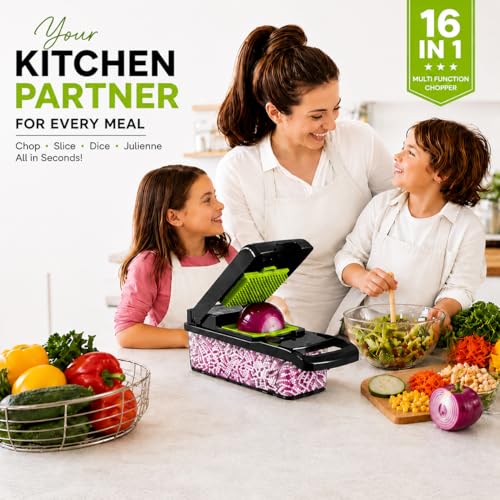 16-in-1 Vegetable Chopper with Container, 8-Blade Food Chopper, Onion Chopper, Veggie Cutter & Mandoline Slicer, BPA-Free Kitchen Gadget