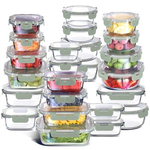 48pc Glass Storage Containers with Lids (Sage Green / 24 Pack)
