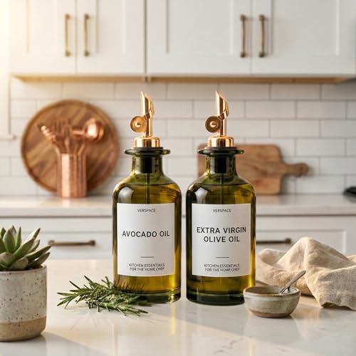 Green Glass Olive Oil Dispenser Bottles For Kitchen (Green/Gold / 12oz)