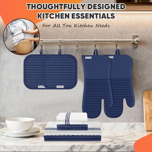 Oven Mitts Kitchen Towels and Dishcloths with Pot Holders Sets (Marine Blue)