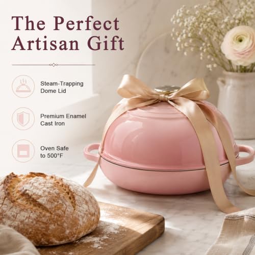 6QT Enameled Cast Iron Dutch Oven for Sourdough Bread Baking (Blush Pink)