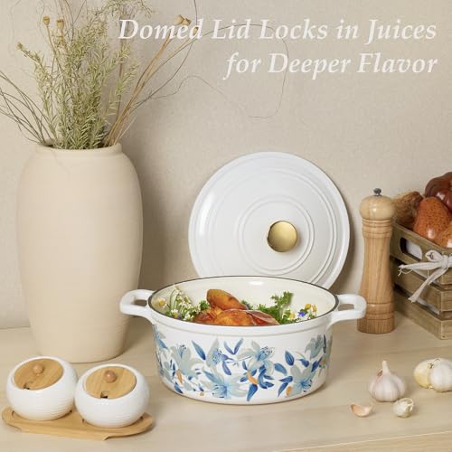 5QT Enameled Floral Cast Iron Dutch Oven Pot with Lid (Blue Floral / 5QT)