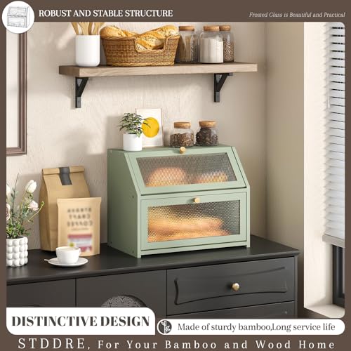 Bread Box for Kitchen Countertop Bin Double Layer Bread Box Storage Container Extra Large Capacity Farmhouse with Diamond Pattern Windows (Green / Large)