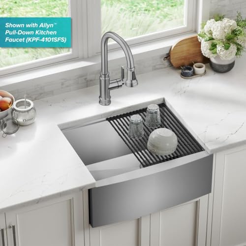 Kore 24 Inch Farmhouse Workstation 16 Gauge Single Bowl Stainless Steel Kitchen Sink with Accessories (24 Inch / Rounded Farmhouse / Stainless Steel)