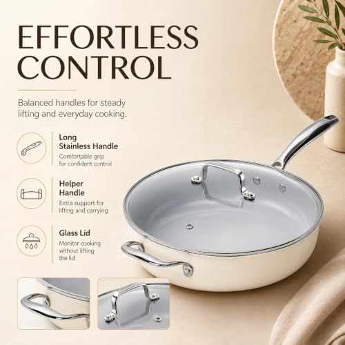 12 INCH Ceramic Nonstick Deep Frying Pan with Lid (Cream & Grey / 12 Inch /5 QT)