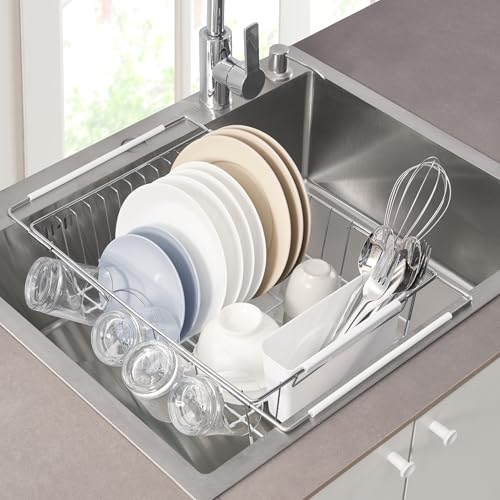 Dish Drying Rack Over The Sink Expandable to 24.5" Dish Drainer (White / 15.75" x 12" x 5")