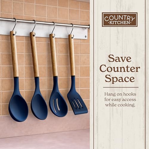 Non Stick Silicone Utensil Set with Rounded Wood Handles for Cooking and Baking (8 Piece Set / Navy)