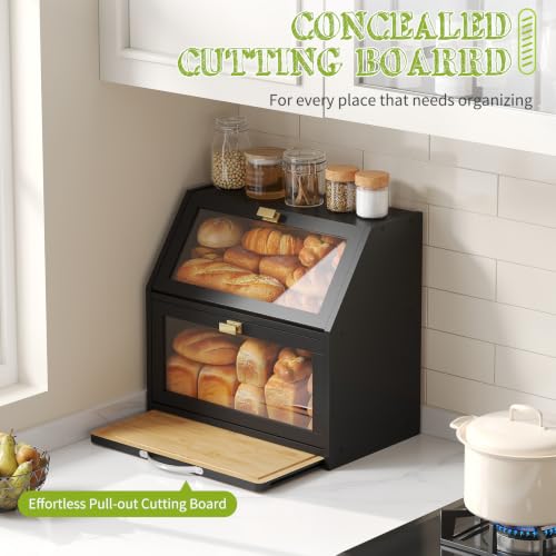 Bread Box with Cutting Board for Kitchen Countertop Corner Bread box Double Layer Bamboo Extra Large Capacity Bin Kitchen Food Storage Container (Black)