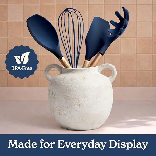 Non Stick Silicone Utensil Set with Rounded Wood Handles for Cooking and Baking (8 Piece Set / Navy)