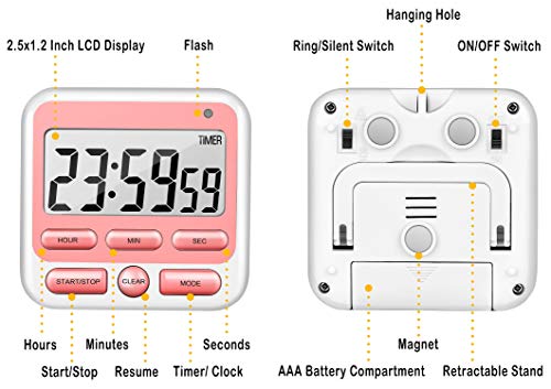 4-in-1 Digital Timer with Count Up/Down, Clock & Alarm, Ring & Silent Modes (Pink)