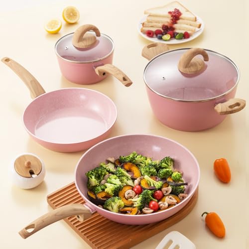 Pots and Pans Set Nonstick Induction Kitchen Cookware Set Cooking Sets 6 Pcs with Frying Pan Granite Stone Bakelite Wood Handle