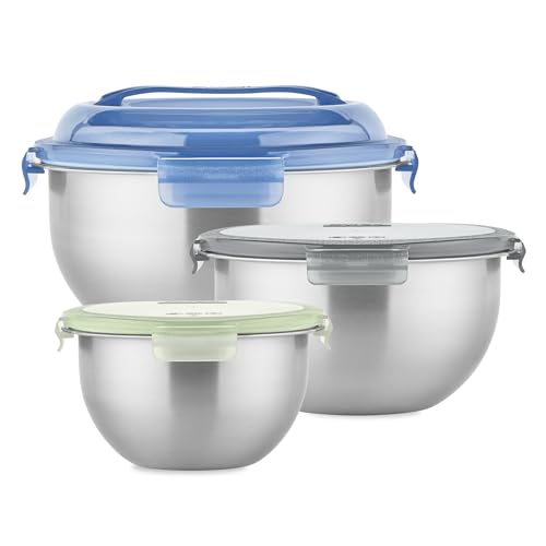 3 Pack Metal Stainless Steel Mixing Bowls with Airtight Locking Lids (3-Pack)