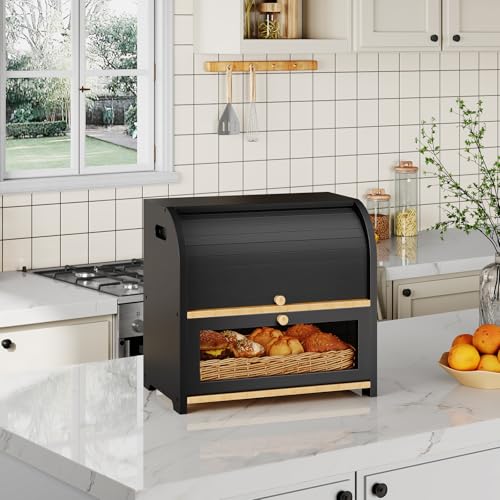 Bread Box Bamboo Bread Box for Kitchen Countertop (Black)