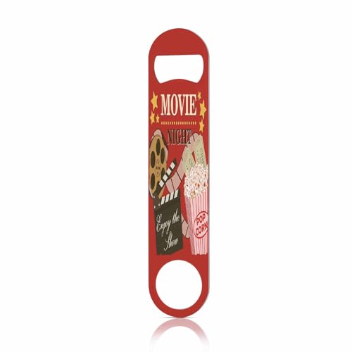 Vintage Cinema Stainless Steel Bottle Opener Movie Night Poster Enjoy The Show and Popcorn Nostalgia Flat Beer Bottle Opener Keychain for Home Kitchen Bar Restaurant Party Birthday Gift