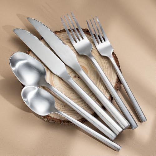 Matte Silverware Set Gold Flatware Set with Hexagon Handle 20 Pieces 18
