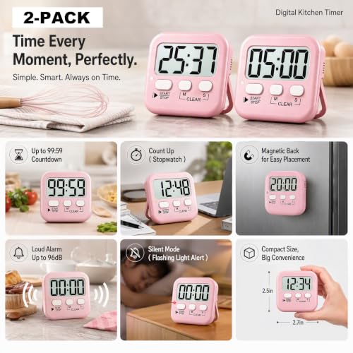 2 Pack Digital Timer for Kids Classroom Kitchen Timers for Cooking (1 * Relaxing Pink)