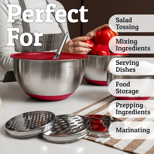 Stainless Steel Mixing Bowls with Lids Set (Red)