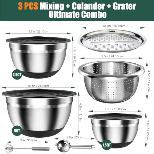 Stainless Steel Mixing Bowls Set with Lids & Silicone Base (Black)