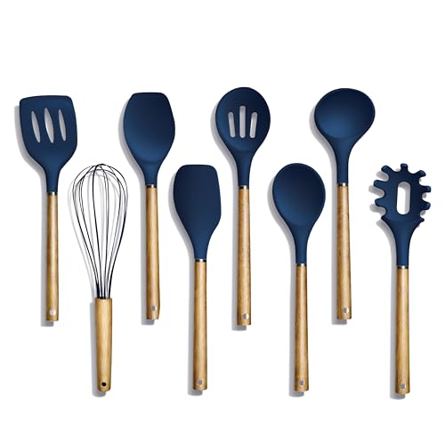 Non Stick Silicone Utensil Set with Rounded Wood Handles for Cooking and Baking (8 Piece Set / Navy)
