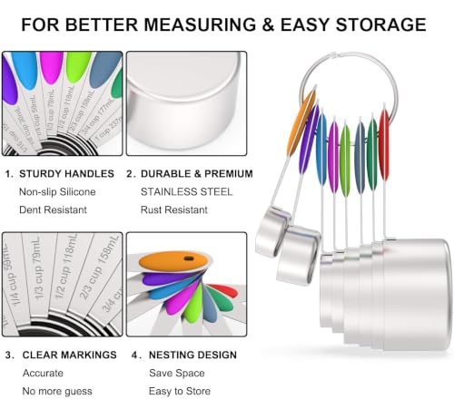 Stainless Steel Measuring Cups and Spoons Set of 16 (Multicolor)