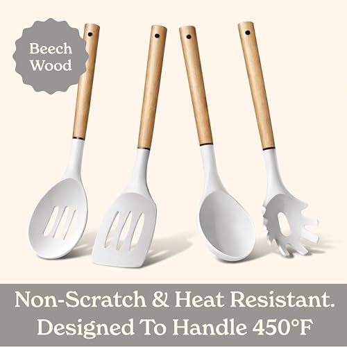 Non Stick Silicone Utensil Set with Rounded Wood Handles for Cooking and Baking (8 Piece Set / White)