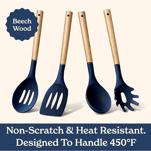 Non Stick Silicone Utensil Set with Rounded Wood Handles for Cooking and Baking (8 Piece Set / Navy)