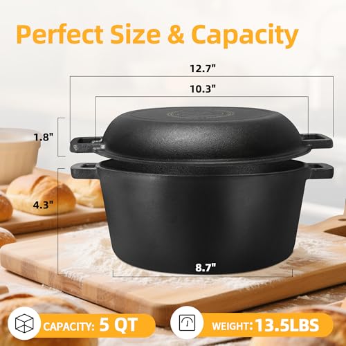 Pre Seasoned Cast Iron Dutch Oven Pot with Skillet Lid