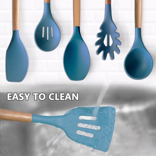 Silicone Cooking Utensils Set 6Pcs Heat Resistant Silicone Kitchen Utensils Set for Cooking Spatula Spoon Turner Ladle w Wooden Handle (Standard 6-Piece Set / Blue)