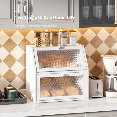 Bread Box for Kitchen Countertop Bin Double Layer Bread Box Storage Container Extra Large Capacity with Diamond Pattern Windows (White / Extra Large)