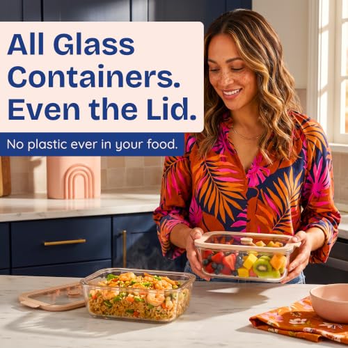 Non Toxic Glass Food Containers with Lids (Beige / 50 Oz)