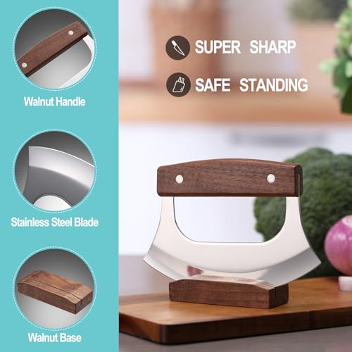 Ulu Knife Sharp Rocker Mezzaluna Knife with Stand