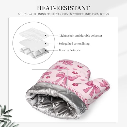 Oven Mitts Pot Holders Set Pink Bow Pattern Cherry Silicone Kitchen Gloves Potholders Heat Resistant for Chef Baking Cooking Grilling BBQ 4 Pack Mitt (B021)