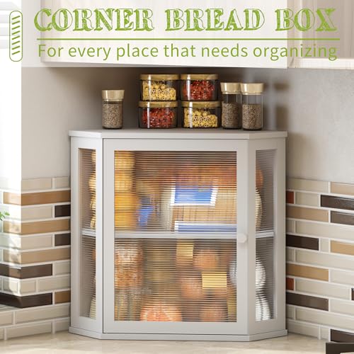 Corner Bread Box for Kitchen Countertop Double Layer Bamboo Wooden Bread box Large Capacity Bread Storage Bin (White / Extra Large)