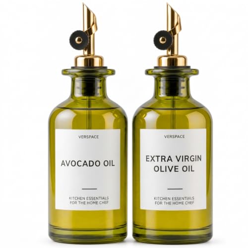 Green Glass Olive Oil Dispenser Bottles For Kitchen (Green/Gold / 12oz)