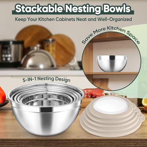5 Piece Mixing Bowls with Airtight Clear Lids (Khaki / 4.6, 3.5, 2.5, 2, 1.5QT)