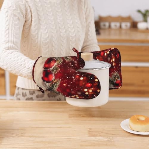 Oven Mitts and Pot Holders Set Red Christmas Ball Glitter Silicone Kitchen Accessories 4 Piece Heat Resistant Long Gloves Potholder Non (C11)