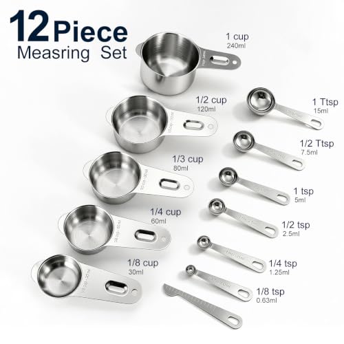12-Piece 18/8 Stainless Steel Measuring Cups and Spoons Set, Silver (Silver / Set of 12)