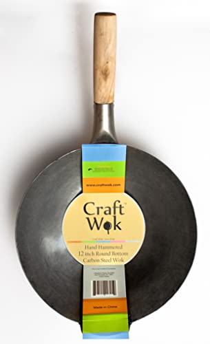 Traditional Hand Hammered Carbon Steel Pow Wok with Wooden and Steel Helper Handle
