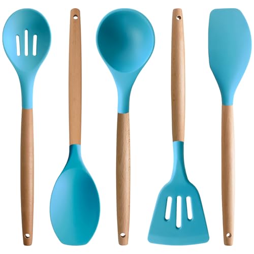 Silicone Kitchen Cooking Utensils Set (Standard 5-Piece Set / Light Blue)