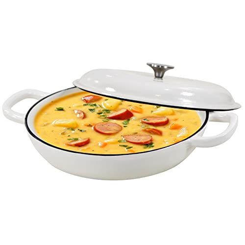3.8 Quart Enameled Cast Iron Braiser Pan with Lid (White / 3.8QT)