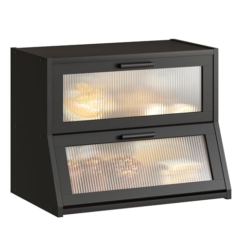 Double Layer Bamboo Bread Box for Kitchen Counter (Black / Medium)