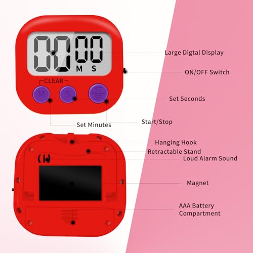 6 Pack Small Digital Kitchen Timer Magnetic Back and ON (Red)