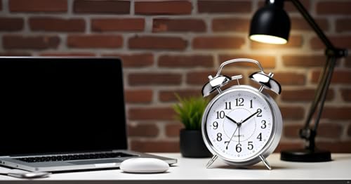 Table Clock Retro Twin Bell Metal Frame Alarm Clock with Night Backlight Function and Silent Motion (Silver Vintage)