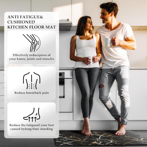 Foil Stamped Marble Kitchen Mats for Floor 2PCS Cushioned Anti Fatigue Non Slip Waterproof Comfort Leather Kitchen Rugs 2